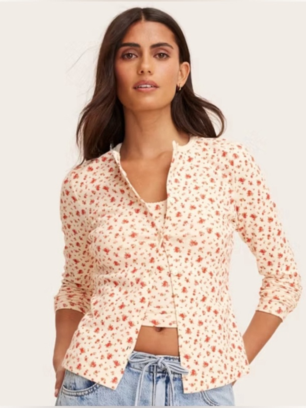 Small S Parke NWT Floral Cream floral cardigan sweater button cream red flowers